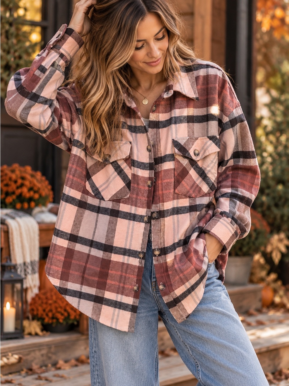 BLU PEPPER- Plaid Button-Front Shacket in Dusty Rose and Rust